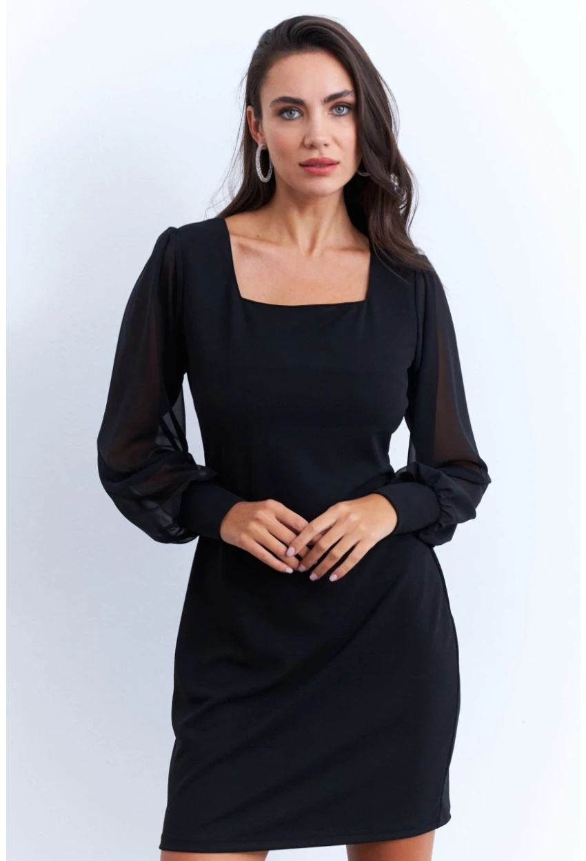 Kadın Siyah Kolu Tül Kare Yaka Midi Elbise ST841