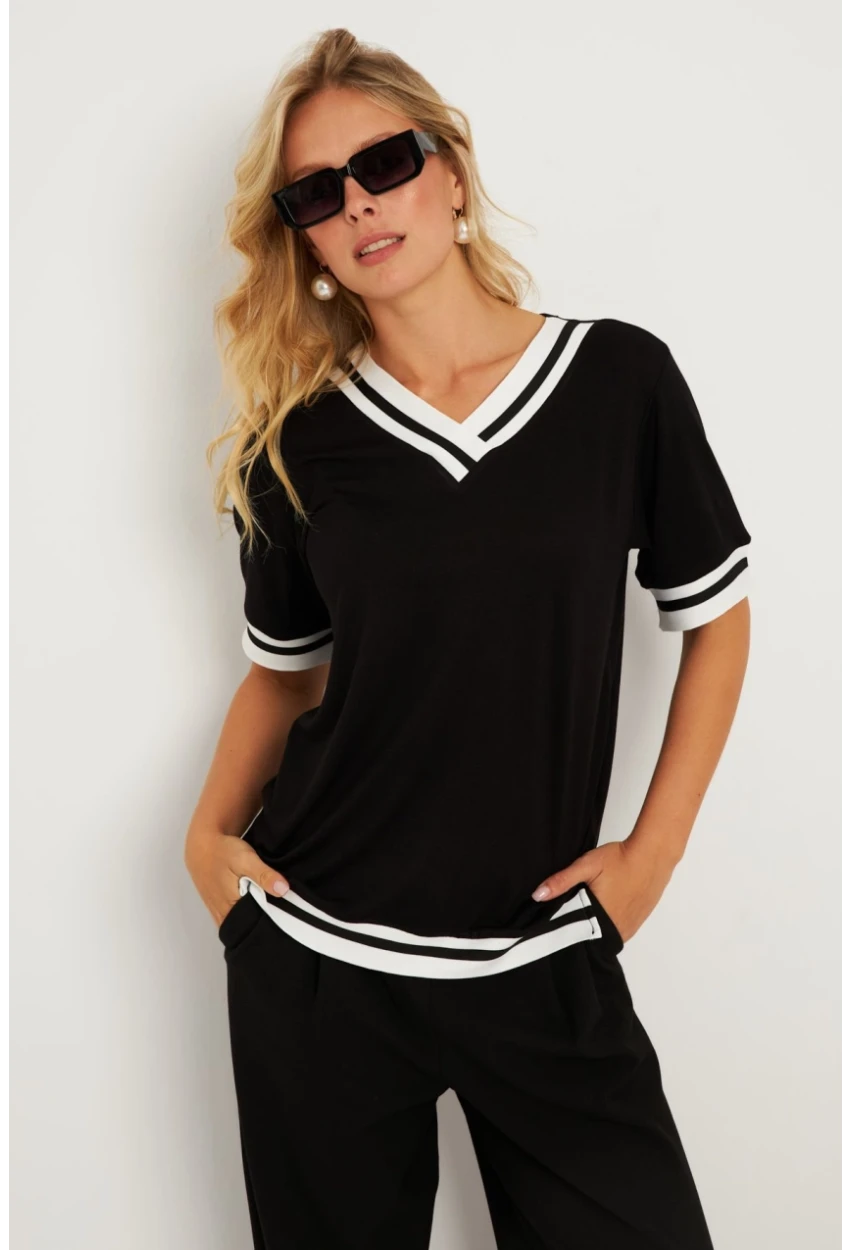 Kadın Siyah Kontrast Bluz ST836
