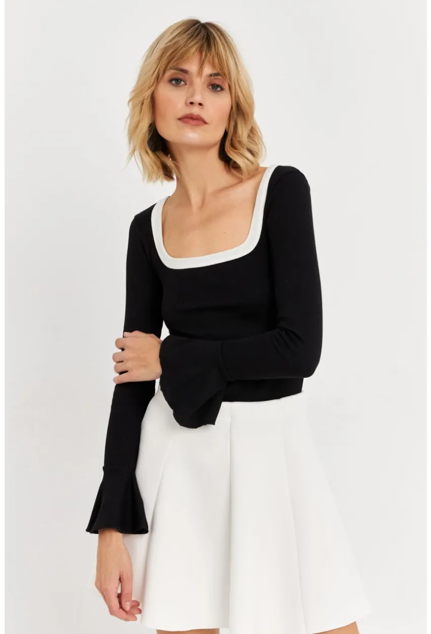 Kadın Siyah Kontrast Yaka İspanyol Kol Bluz ALB3105