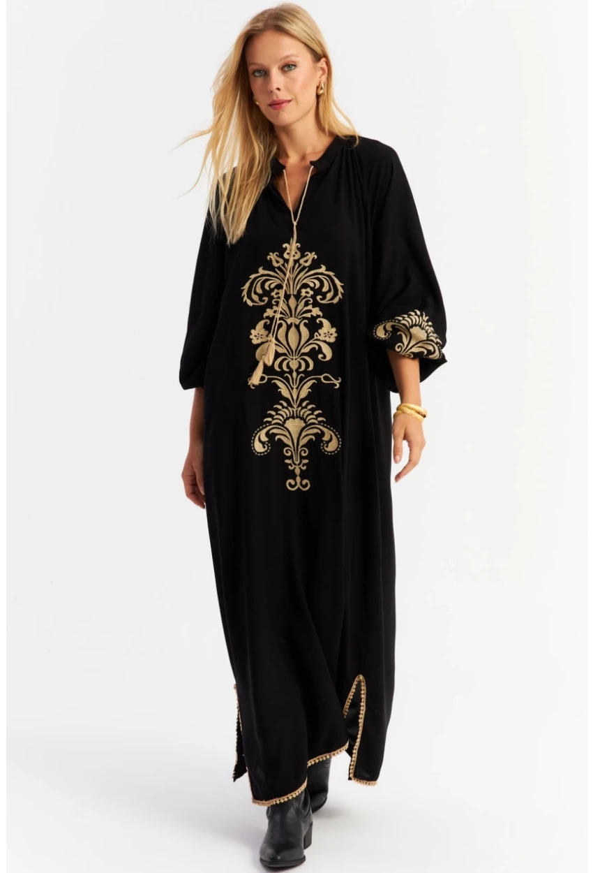 Kadın Siyah Kordon Detaylı Nakışlı Maxi Elbise MALO4