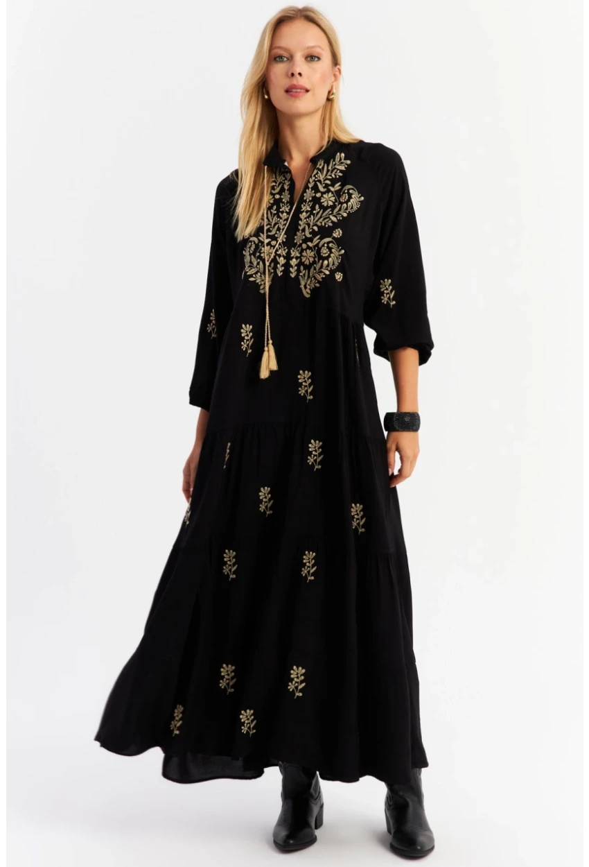 Kadın Siyah Kordon Detaylı Nakışlı Maxi Elbise MALO5