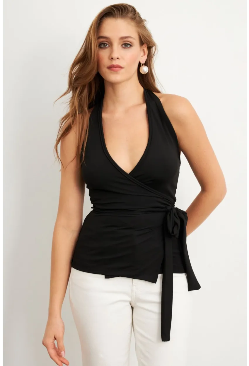 Kadın Siyah Kruvaze Bağlamalı Bluz EY3095