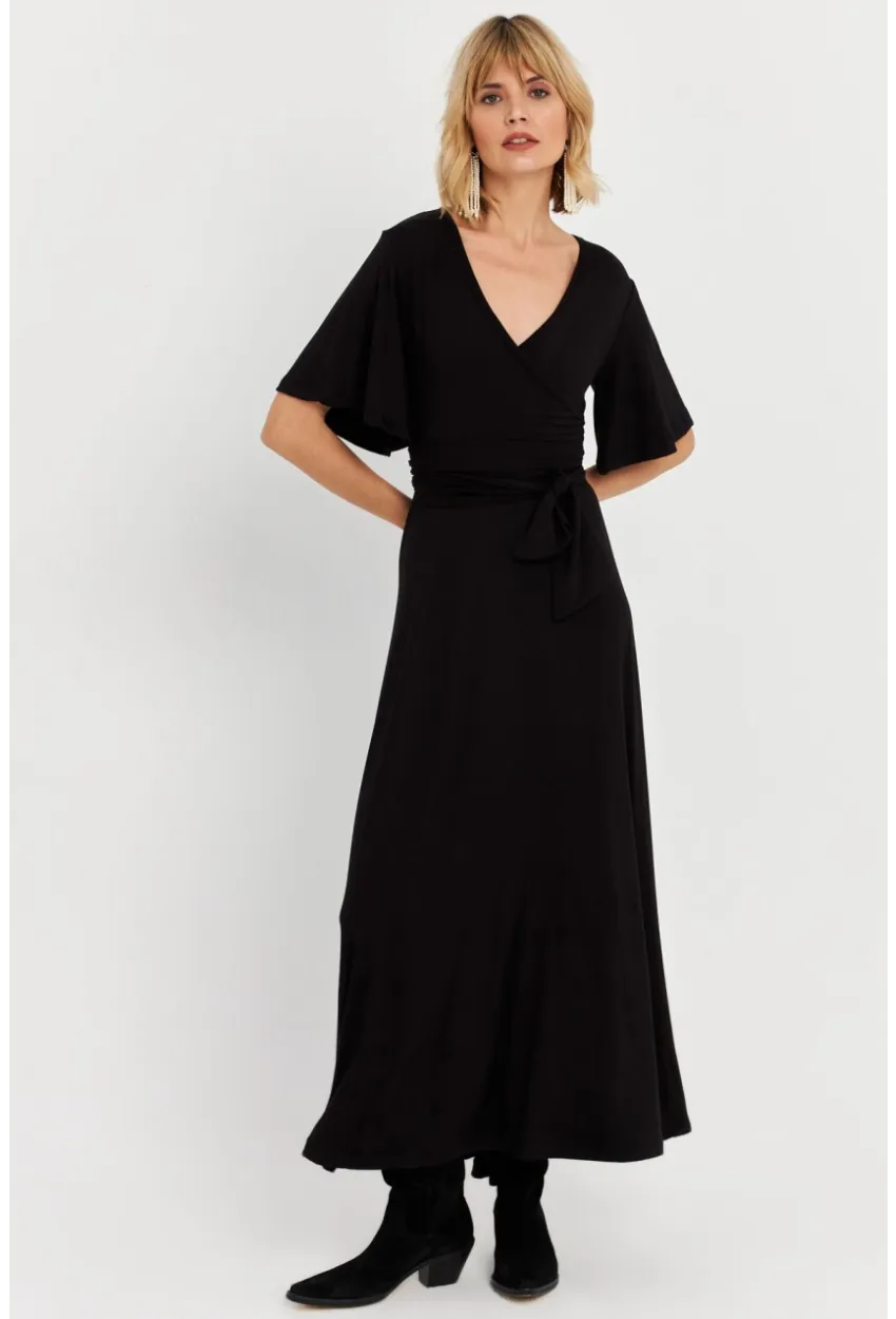 Kadın Siyah Kruvaze Bağlamalı Maxi Elbise EY3038