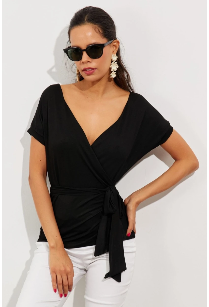 Kadın Siyah Kruvaze Bluz EY2496
