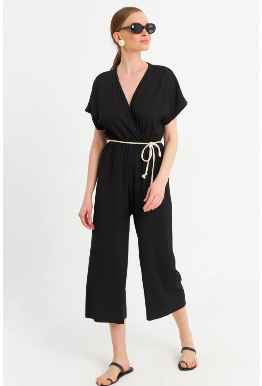 Kadın Siyah Kruvaze Bürümcük Tulum OR10007