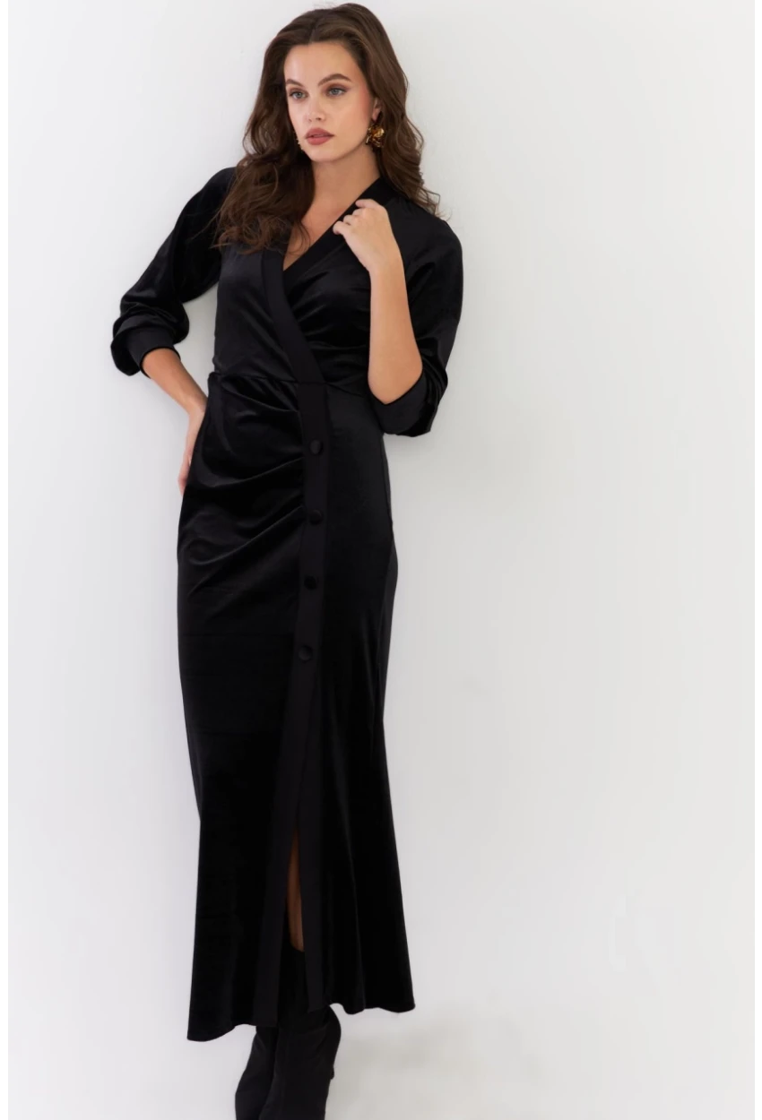 Kadın Siyah Kruvaze Büzgülü Kadife Maxi Elbise ALO1007-9