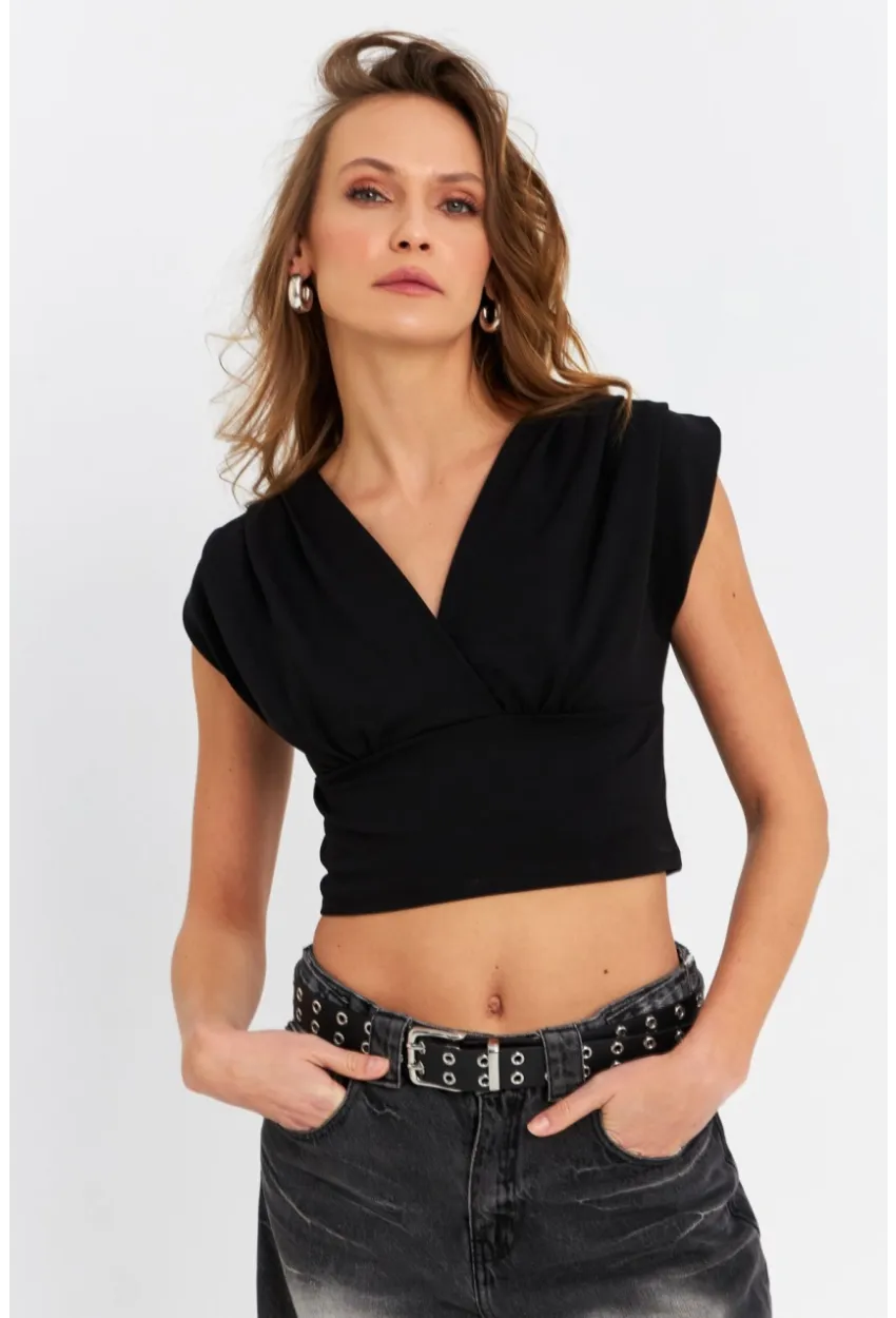 Kadın Siyah Kruvaze Crop Bluz SDY1234