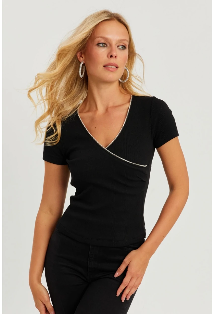 Kadın Siyah Kruvaze Kaşkorse Taşlı Bluz AYD306