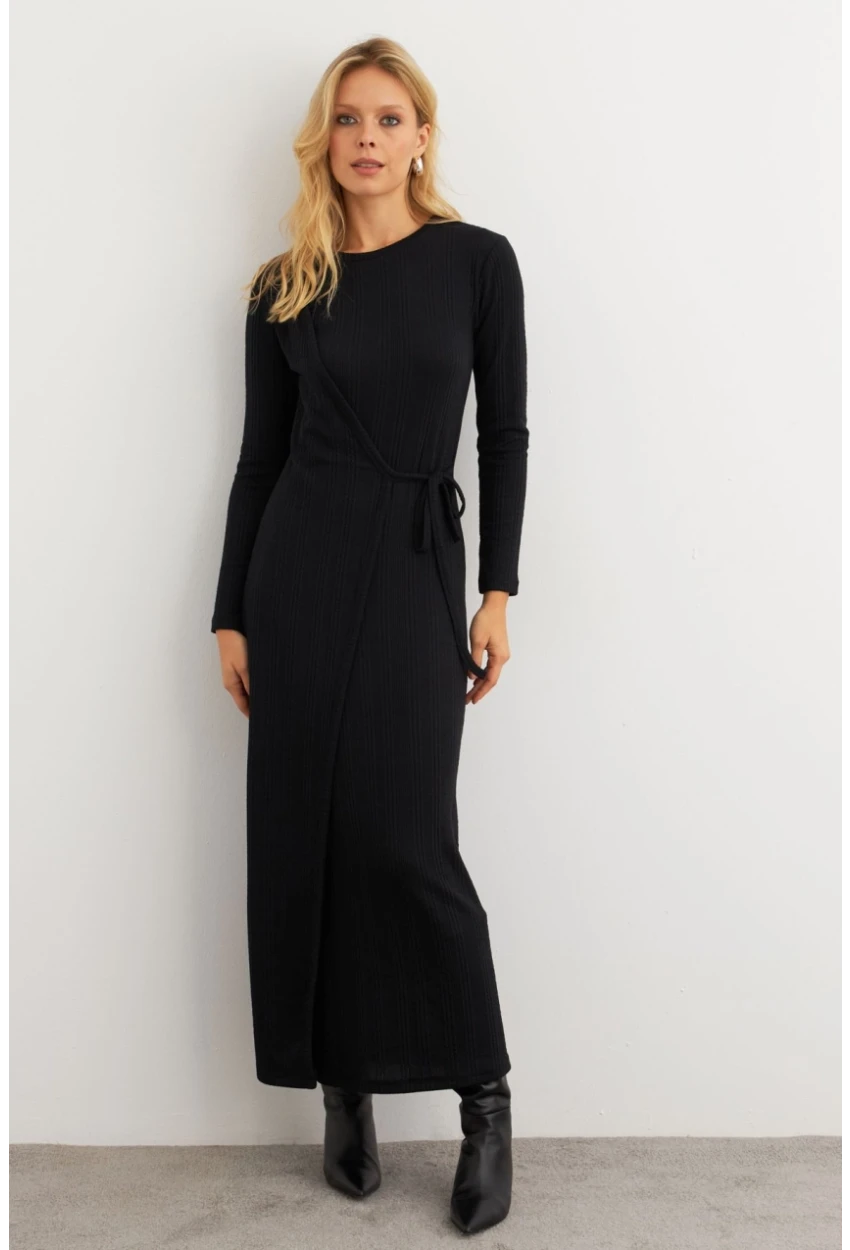 Kadın Siyah Kruvaze Maxi Elbise MTF31