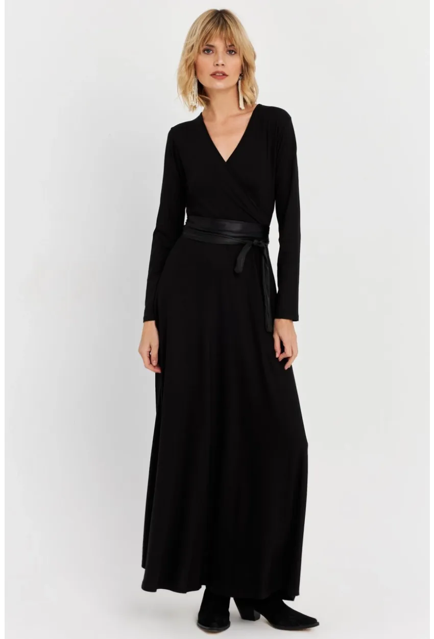 Kadın Siyah Kruvaze Maxi Elbise VTN3