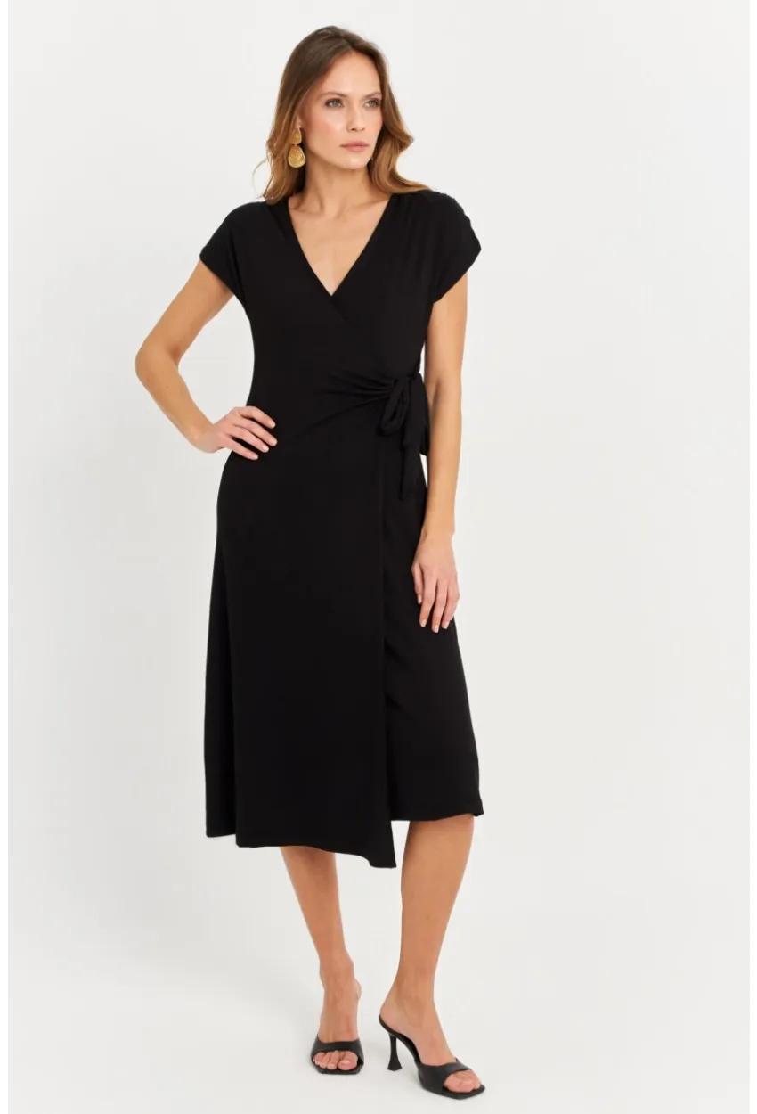 Kadın Siyah Kruvaze Midi Elbise EY3044