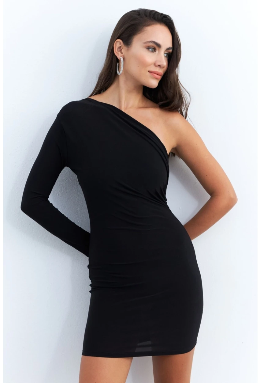 Kadın Siyah Kruvaze Tek Kol Mini Yılbaşı Elbise ELT4035
