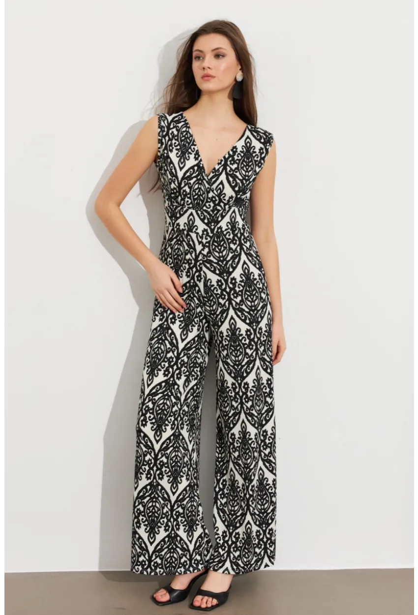 Kadın Siyah Kruvaze Yaka Desenli Bürümcük Tulum MP430