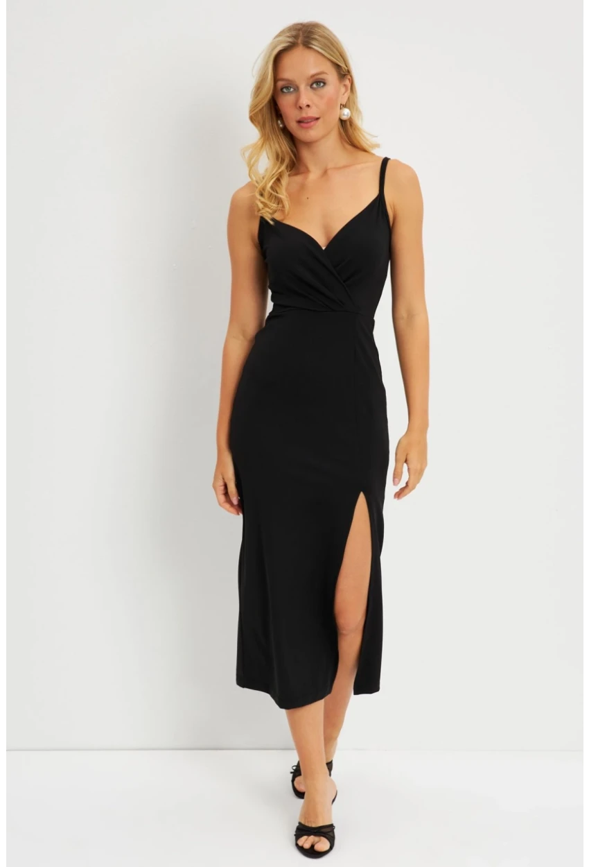 Kadın Siyah Kruvaze Yırtmaçlı Midi Elbise EY2796