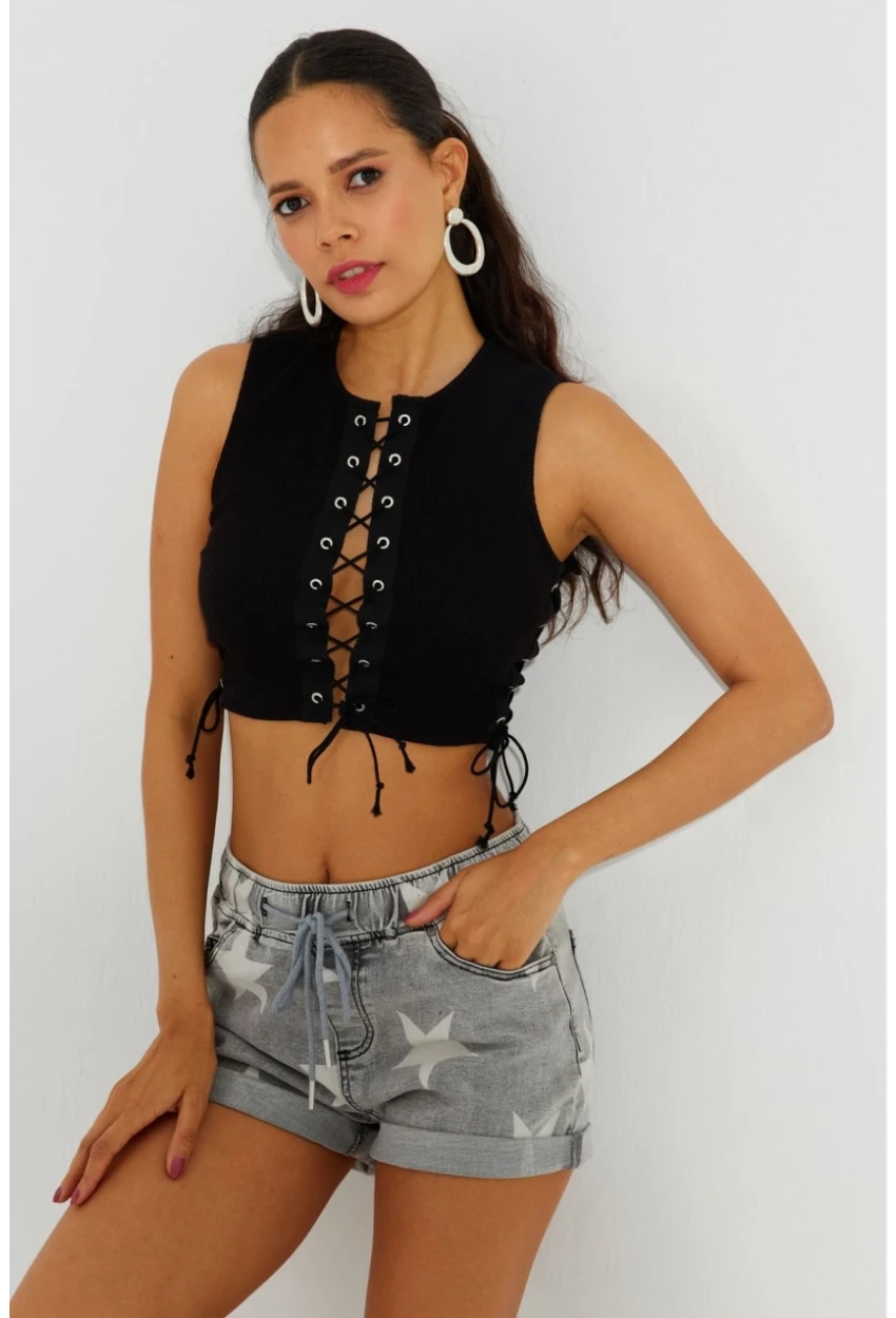 Kadın Siyah Kuş Gözlü Kısa Bluz B2527