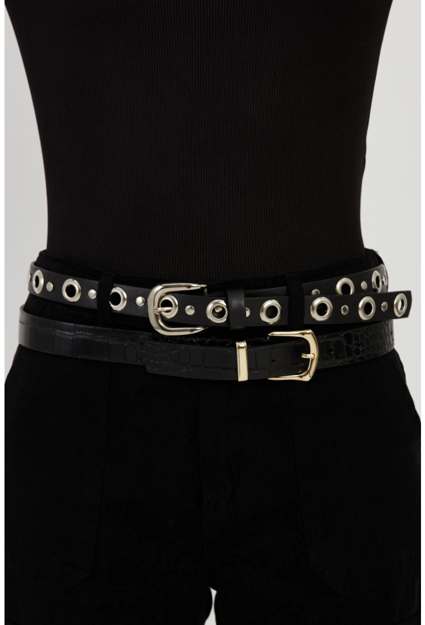 Kadın Siyah Kuşgözlü İkili Kemer BE696