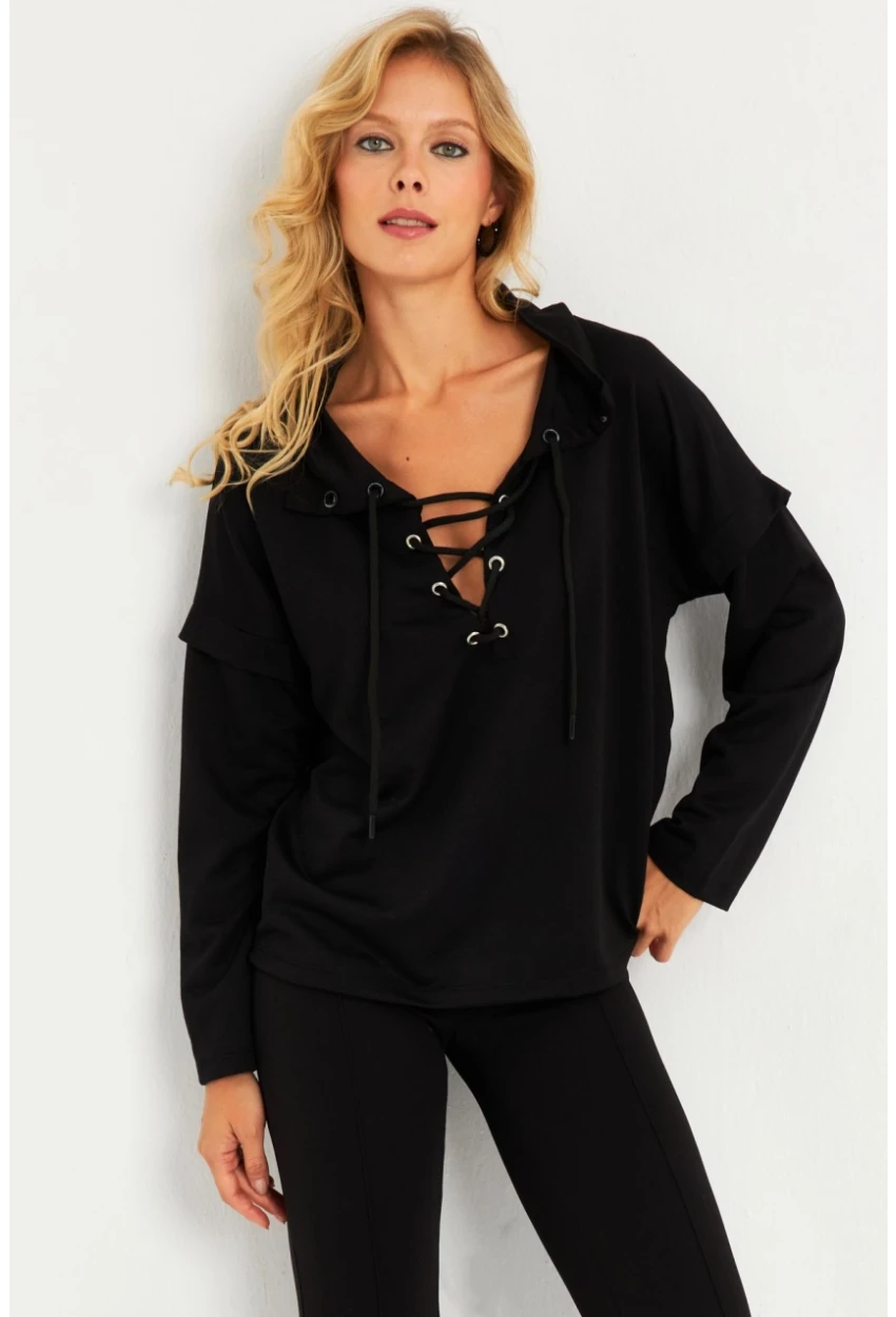 Kadın Siyah Kuşgözlü Sweatshirt TF04