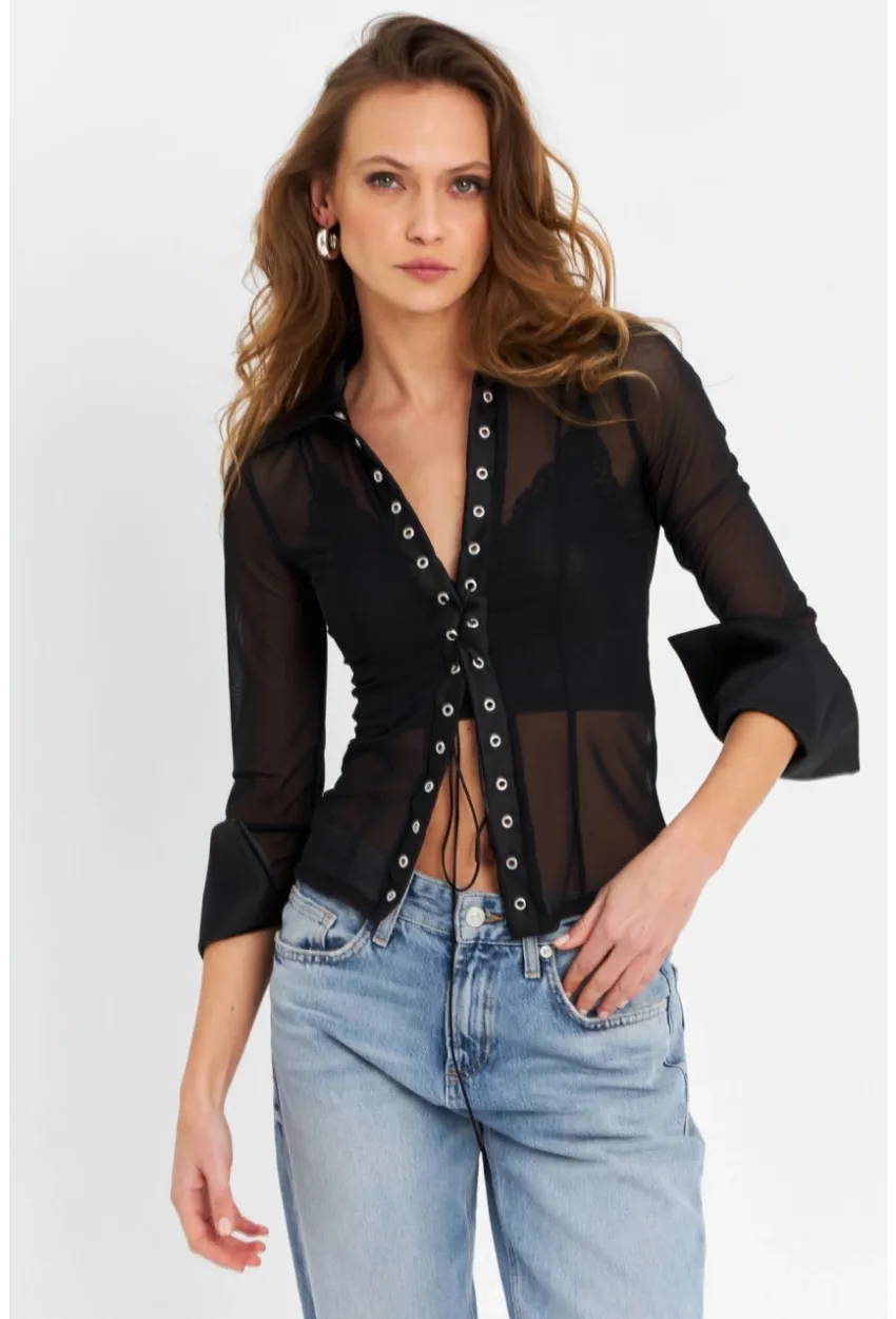 Kadın Siyah Kuşgözlü Tül Gömlek YEL221539