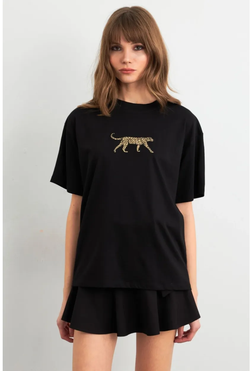 Kadın Siyah Leopar Baskılı T-Shirt RLO110