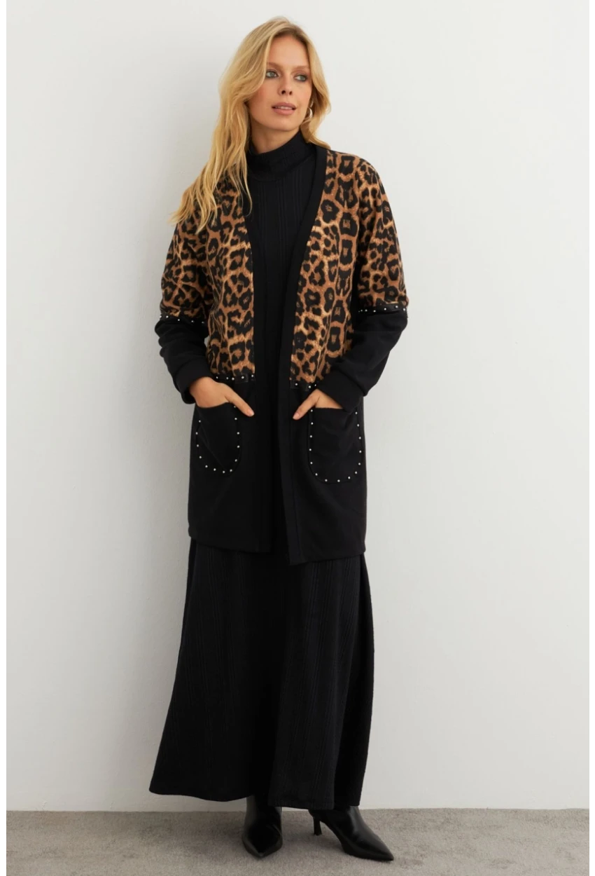 Kadın Siyah Leopar Bloklu Hırka MPK812