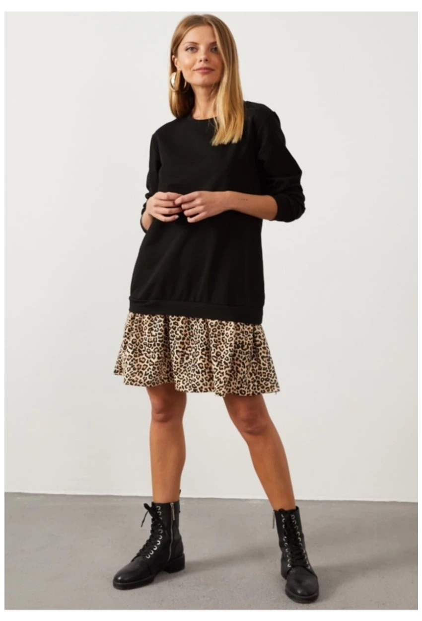 Kadın Siyah Leopar Desenli Sweat Elbise B16