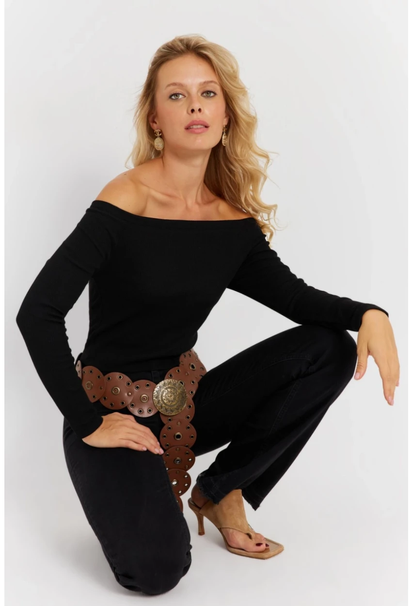 Kadın Siyah Madonna Yaka Kaşkorse Bluz EY2852