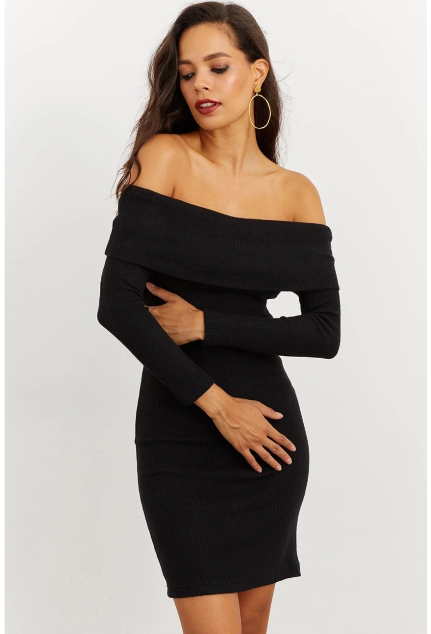 Kadın Siyah Madonna Yaka Kaşkorse Elbise CG272