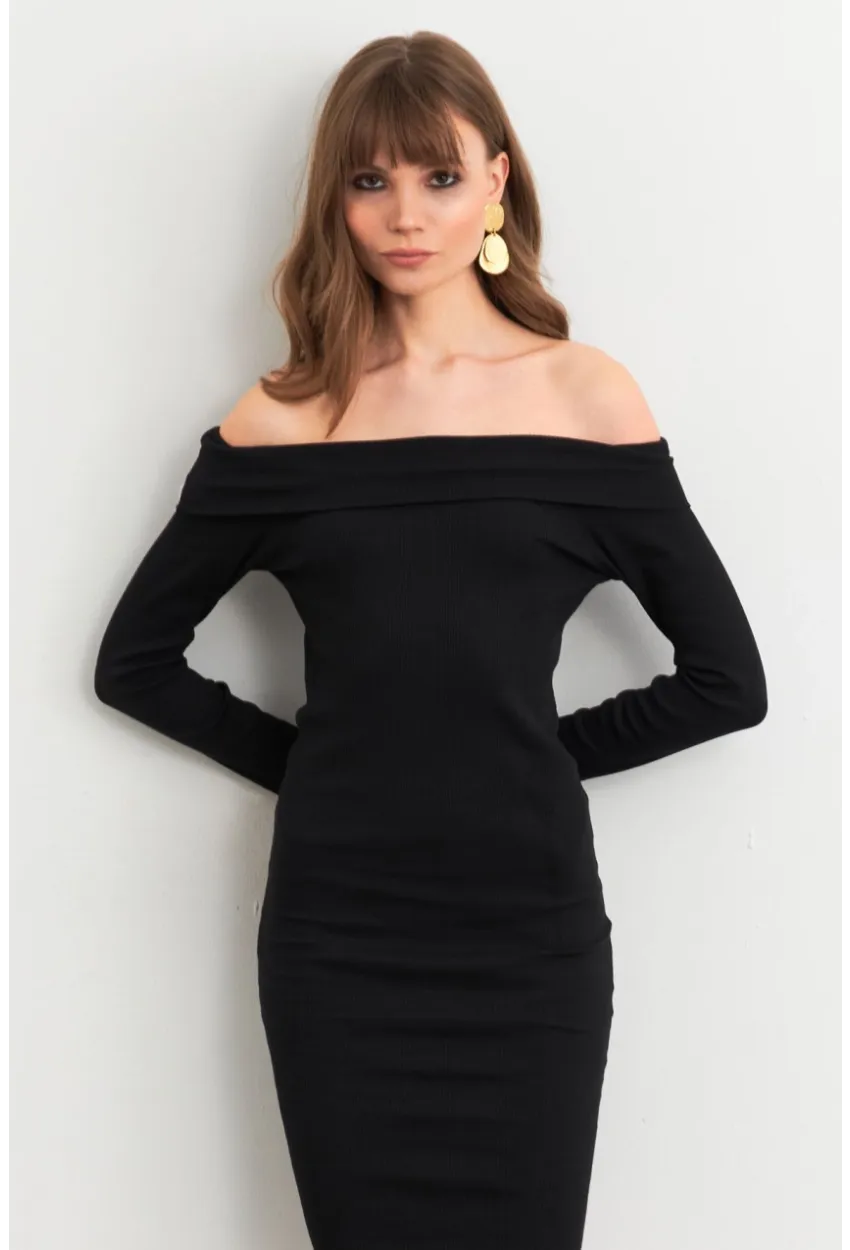 Kadın Siyah Madonna Yaka Kaşkorse Midi Elbise ALB3690