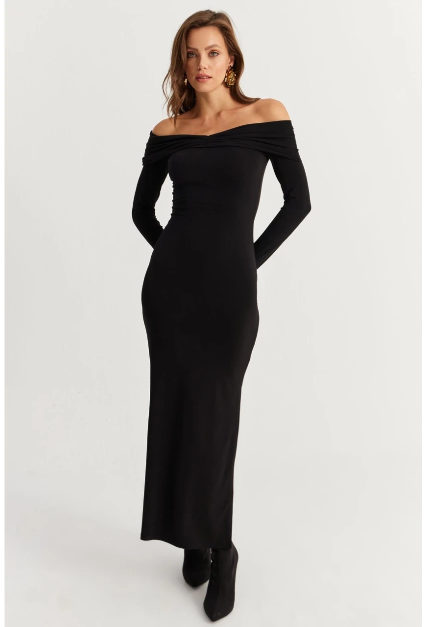 Kadın Siyah Madonna Yaka Maxi Elbise DMR391