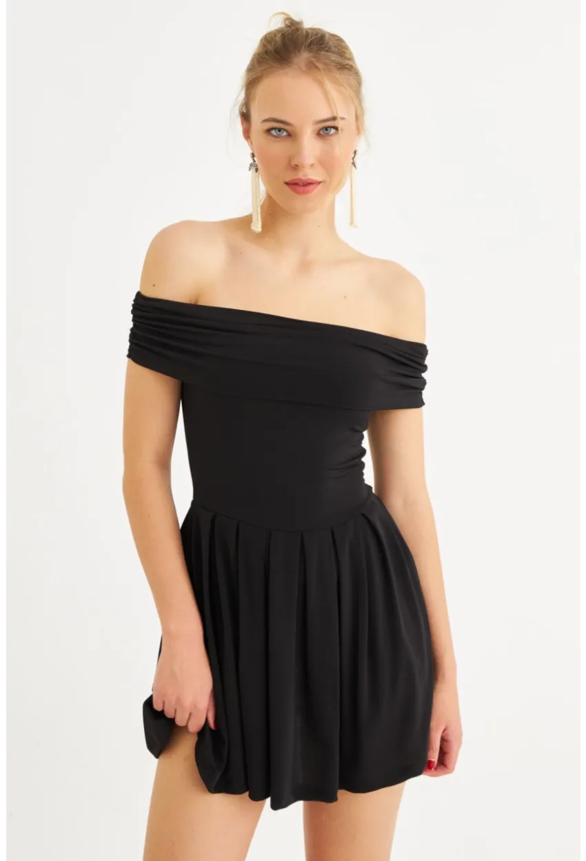 Kadın Siyah Madonna Yaka Midi Elbise MON1262-1