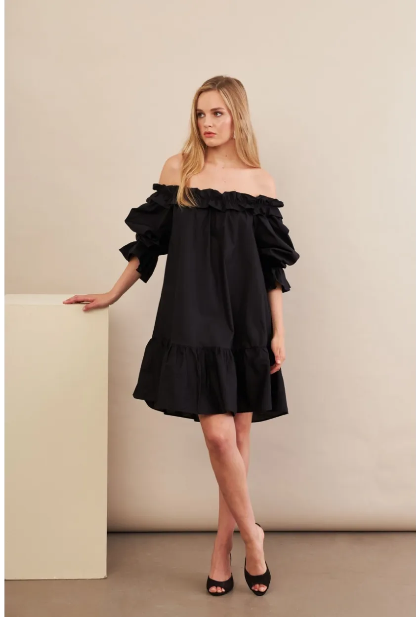 Kadın Siyah Madonna Yaka Midi Elbise PSG1012