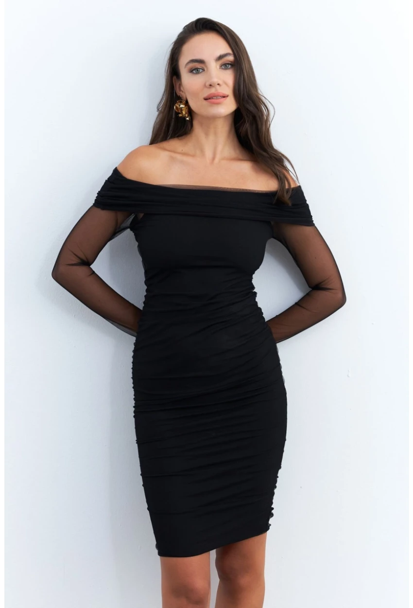 Kadın Siyah Madonna Yaka Midi Tül Yılbaşı Elbise ELT4033