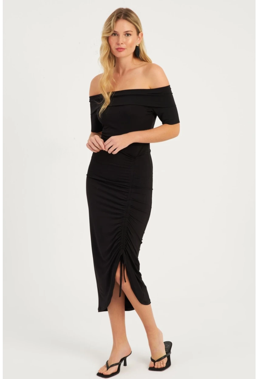Kadın Siyah Madonya Yaka Büzgülü Midi Elbise YZ1025