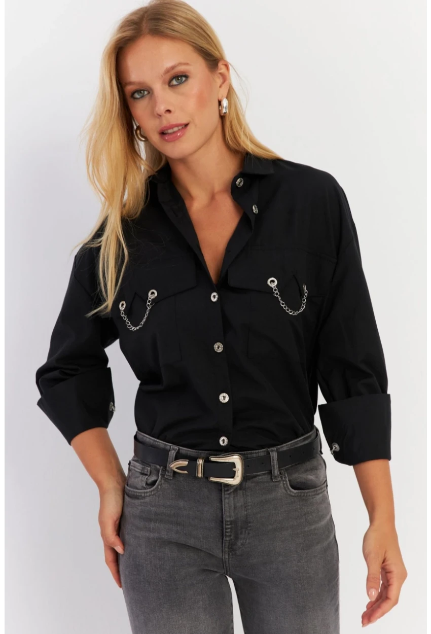 Kadın Siyah Metal Detaylı Gömlek ASF13