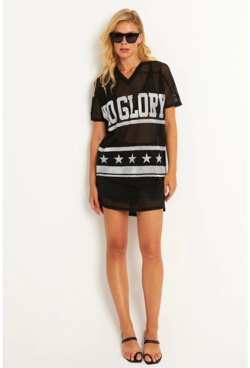 Kadın Siyah Mini File Baskılı Elbise TH1112