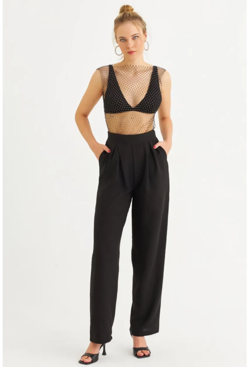 Kadın Siyah Muslin Cepli Pantolon RSP5003