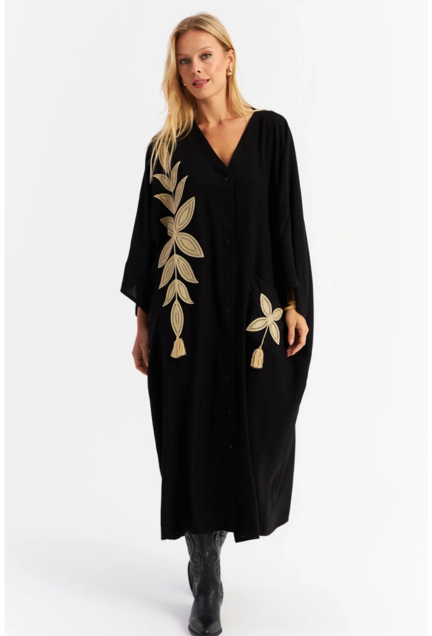 Kadın Siyah Nakışlı Cepli Maxi Elbise ALO13