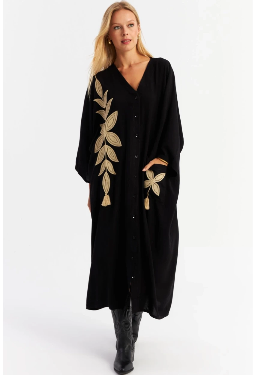 Kadın Siyah Nakışlı Cepli Maxi Elbise MALO13