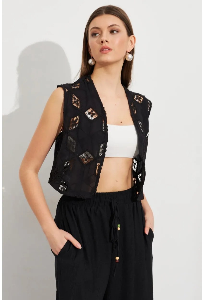 Kadın Siyah Nakışlı Crop Yelek ZH110