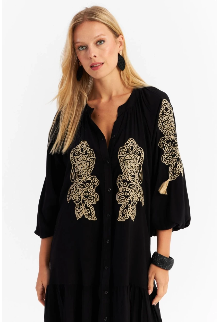 Kadın Siyah Nakışlı Volanlı Maxi Elbise MALO7