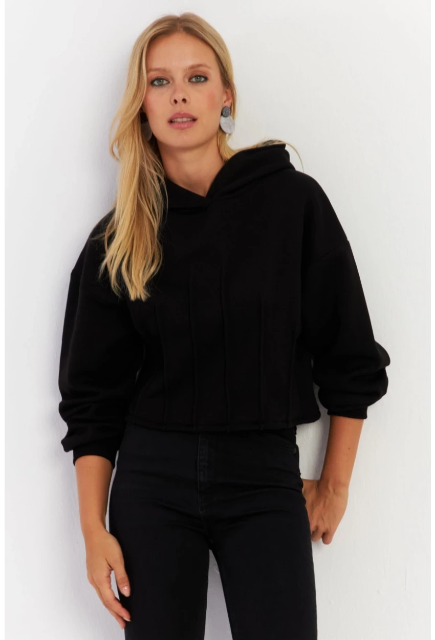 Kadın Siyah Nervüllü Üç İplik Sweatshirt TF13