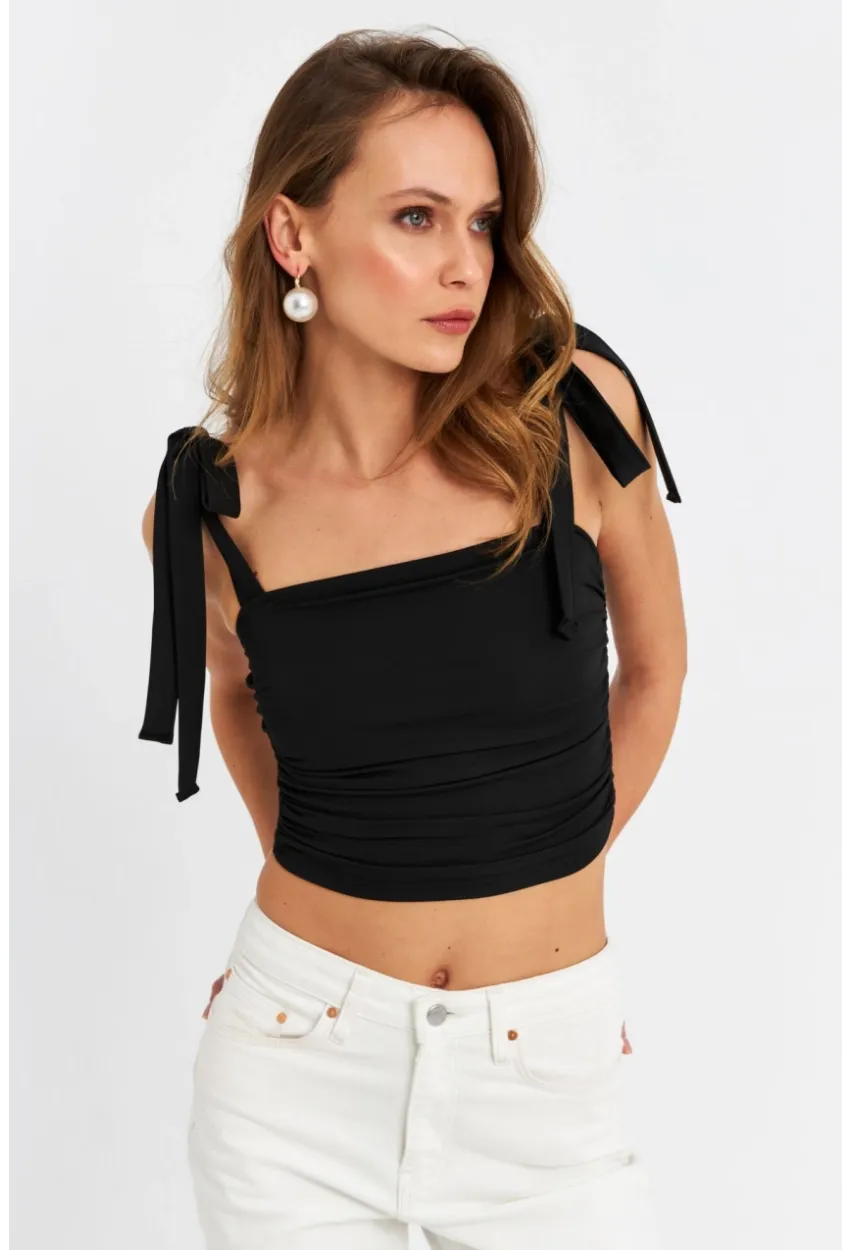 Kadın Siyah Omuz Bağlamalı Crop Bluz B5023-90