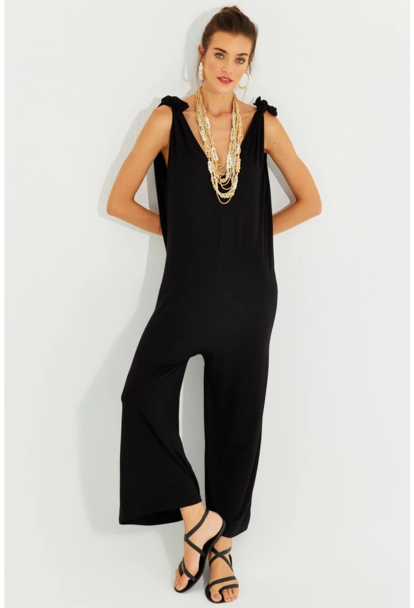 Kadın Siyah Omuz Bağlamalı Salaş Tulum ST1678