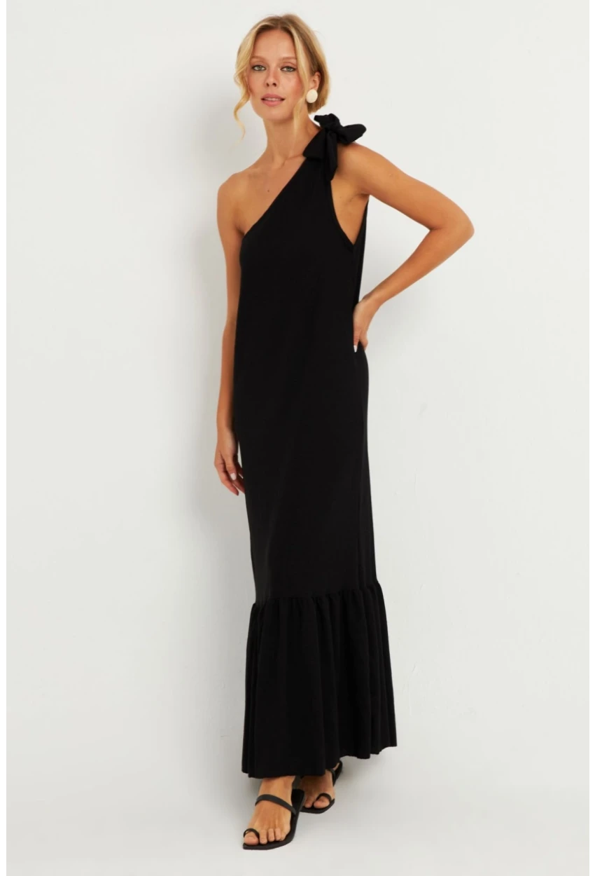 Kadın Siyah Omuz Fiyonklu Bürümcük Midi Elbise EY2800