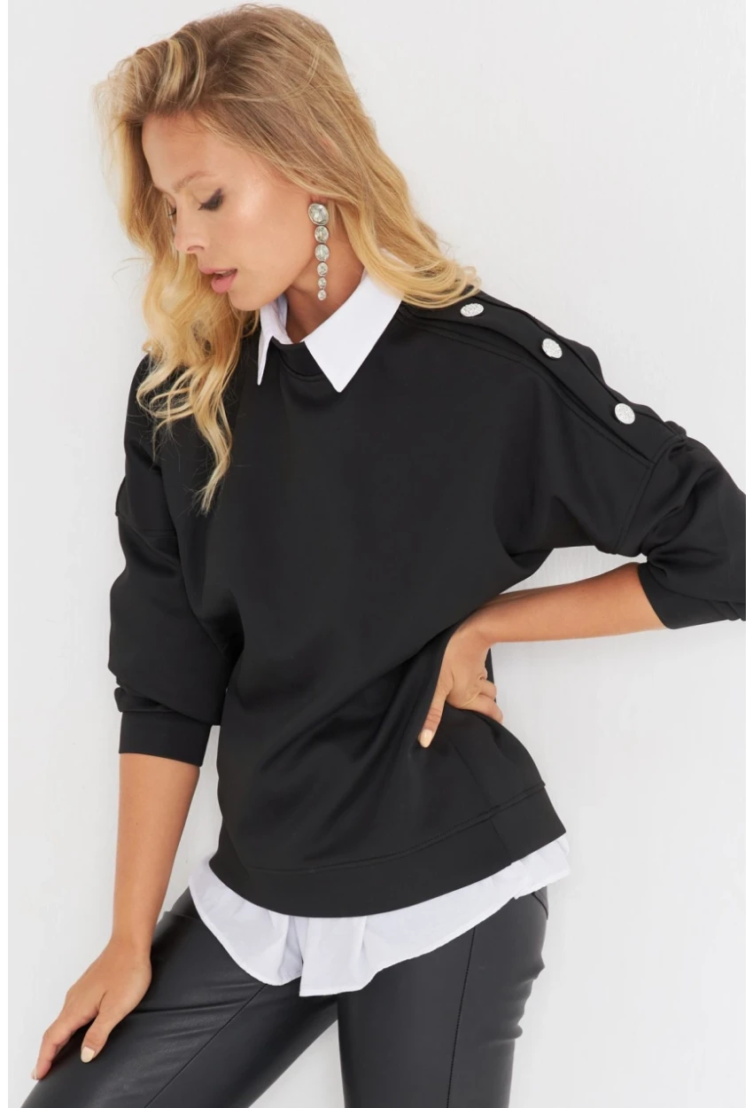 Kadın Siyah Omuz Taşlı Dalgıç Sweatshirt ST824