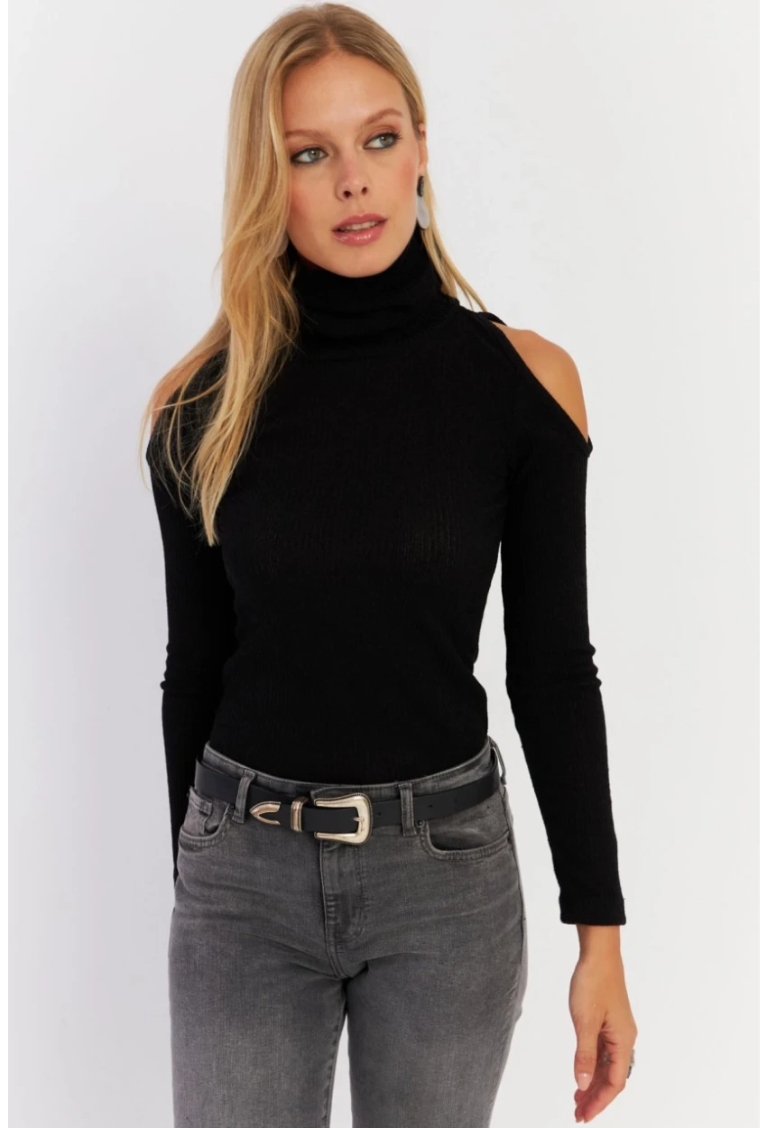 Kadın Siyah Omuzları Açık Kaşkorse Bluz HOR04