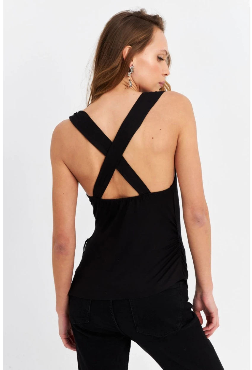 Kadın Siyah Omuzları Düğümlü Bluz EY3066