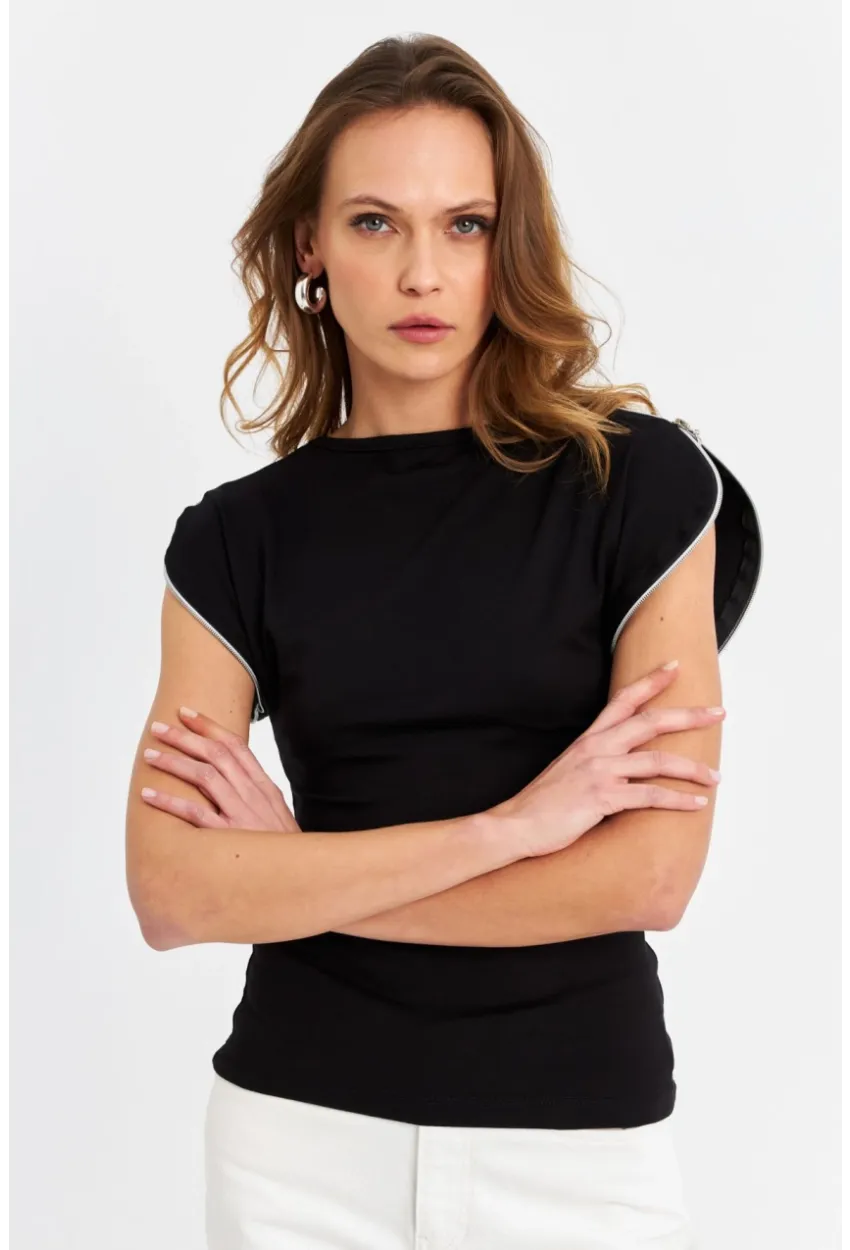 Kadın Siyah Omuzları Fermuarlı Bluz EY3062