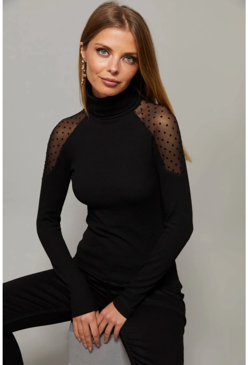 Kadın Siyah Omuzları Puantiyeli Tül Bluz EY1098