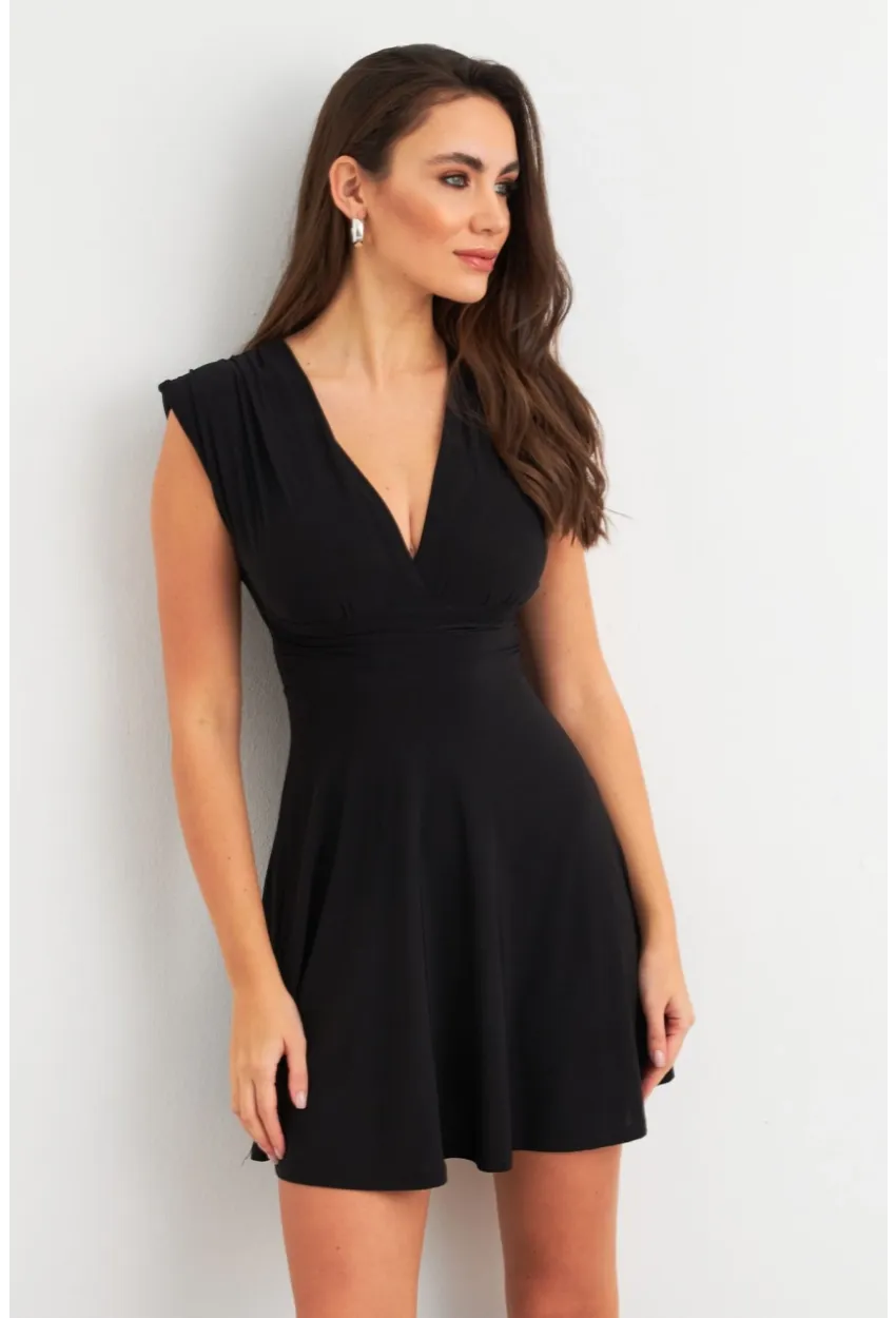 Kadın Siyah Omuzları Vatkalı Kruvaze Mini Elbise ELT3678